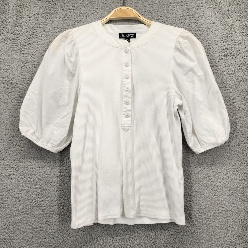 J.Crew White Ribbed Henley Puff Sleeve Top Re-Imagined Small Mixed Media